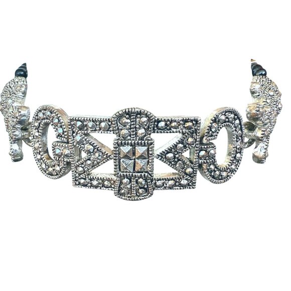 Art Deco Style Beaded Bracelet 7.5in Silver Tone Black Beads Retro Style - Picture 15 of 15